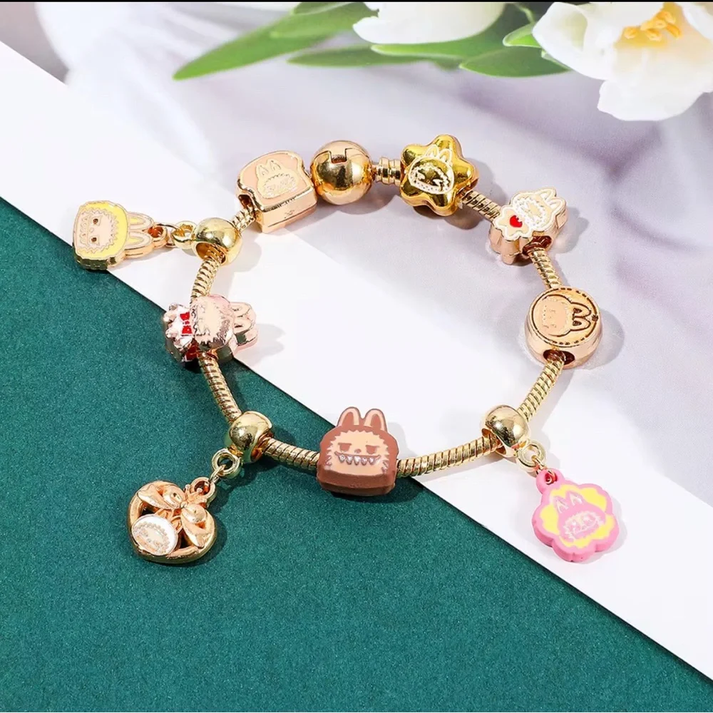 18K Gold Labubu Character Themed Fully Loaded Charm Bracelet Unisex Kawaii Anime - Picture 5 of 12